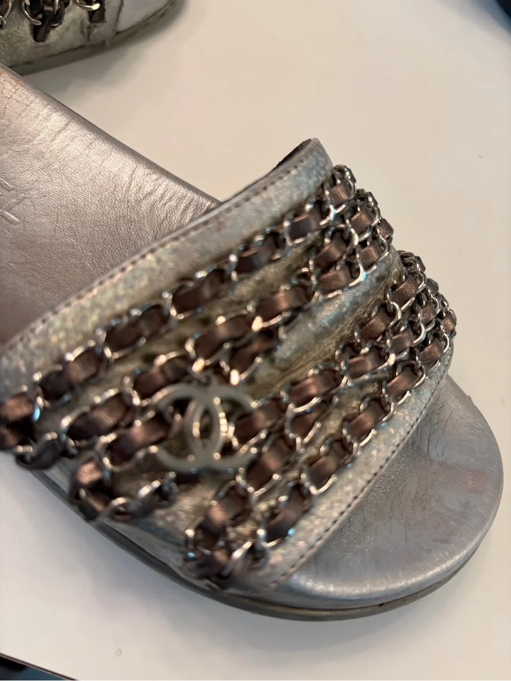 CHANEL Metallic Silver Chain-Embellished Slide